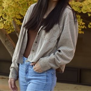 American Eagle Crop Brown Plaid Flannel Button Up Shirt